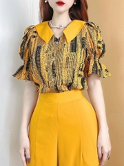 Áo Sơ Mi Họa Tiết Tay Bo Cổ Lật Chất Mango RT Lụa Mịn 3 Màu Công Sở MIMIX - CN3