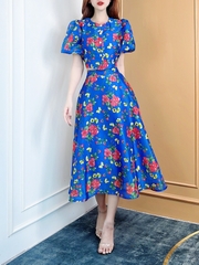 Set Váy Nữ Áo Tay Bồng Cổ Tròn Mix Chân Váy Midi Xòe Chất Tơ Sống Nhũ Đi Làm Đi Chơi MIMIX - CP5