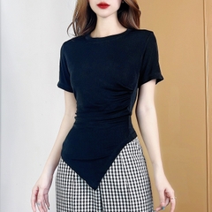 Áo Kiểu Nữ Cổ Tròn Tay Ngắn Tà Nhọn Nhún Eo Chất Thun Dẻo Đi Du Lịch MIMIX - CS4