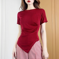 Áo Kiểu Nữ Cổ Tròn Tay Ngắn Tà Nhọn Nhún Eo Chất Thun Dẻo Đi Du Lịch MIMIX - CS4