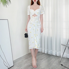 Váy Maxi Ôm Body Thêu Hoa Cổ Vuông Tay Bo Chất Boi Thêu Đi Làm Đi Chơi Đi Tiệc MIMIX - CY0
