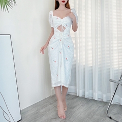 Váy Maxi Ôm Body Thêu Hoa Cổ Vuông Tay Bo Chất Boi Thêu Đi Làm Đi Chơi Đi Tiệc MIMIX - CY0