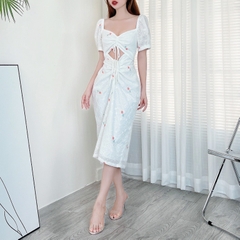 Váy Maxi Ôm Body Thêu Hoa Cổ Vuông Tay Bo Chất Boi Thêu Đi Làm Đi Chơi Đi Tiệc MIMIX - CY0