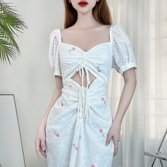 Váy Maxi Ôm Body Thêu Hoa Cổ Vuông Tay Bo Chất Boi Thêu Đi Làm Đi Chơi Đi Tiệc MIMIX - CY0