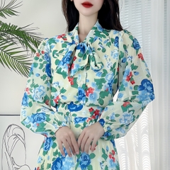 Áo Sơ Mi Hoa Tay Dài Phối Nơ Cổ Chất  Voan Tơ Đi Làm Đi Tiệc MIMIX - DB5
