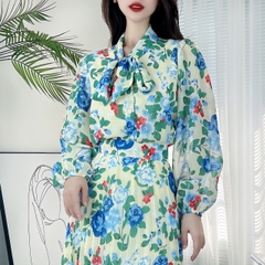 Áo Sơ Mi Hoa Tay Dài Phối Nơ Cổ Chất  Voan Tơ Đi Làm Đi Tiệc MIMIX - DB5