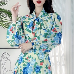 Áo Sơ Mi Hoa Tay Dài Phối Nơ Cổ Chất  Voan Tơ Đi Làm Đi Tiệc MIMIX - DB5