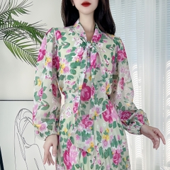 Áo Sơ Mi Hoa Tay Dài Phối Nơ Cổ Chất  Voan Tơ Đi Làm Đi Tiệc MIMIX - DB5