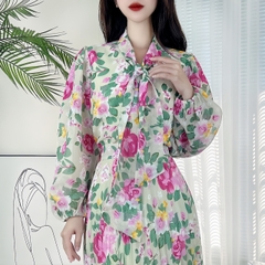Áo Sơ Mi Hoa Tay Dài Phối Nơ Cổ Chất  Voan Tơ Đi Làm Đi Tiệc MIMIX - DB5