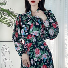 Áo Sơ Mi Hoa Tay Dài Phối Nơ Cổ Chất  Voan Tơ Đi Làm Đi Tiệc MIMIX - DB5