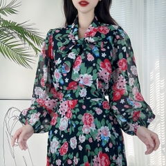 Áo Sơ Mi Hoa Tay Dài Phối Nơ Cổ Chất  Voan Tơ Đi Làm Đi Tiệc MIMIX - DB5
