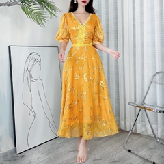 Đầm Maxi Hoa Cổ Phối Ren Ép Nhũ Tay Lửng Dáng Dài Chất Tơ Sọc Ép Nhũ Đi Tiệc MIMIX - DC7