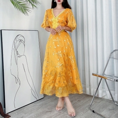 Đầm Maxi Hoa Cổ Phối Ren Ép Nhũ Tay Lửng Dáng Dài Chất Tơ Sọc Ép Nhũ Đi Tiệc MIMIX - DC7