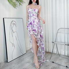 Đầm Mullet 2 Dây Hoa Tà Xéo Tua Rua Chất Tơ IC Sợi Nhũ In Hoa Đi Biển MIMIX - DF5