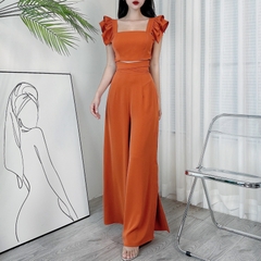 Set Bộ Áo Croptop Tay Cánh Tiên Kèm Quần Dài Suông Xẻ Chất Lụa Mango Đi Biển MIMIX - DI9
