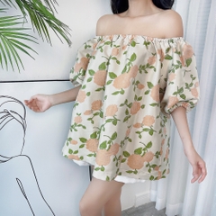 Áo Baby Doll Nữ Trễ Vai Họa Tiết Hoa Hồng Chất Tapfa Lụa 3D Đi Dạo Phố MIMIX - DG9