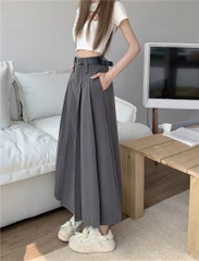 Chân Váy Trơn Xếp Ly Nữ Dài Form A Phối Đai Chất Cotton Hàn Công Sở - DH8