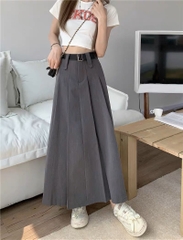 Chân Váy Trơn Xếp Ly Nữ Dài Form A Phối Đai Chất Cotton Hàn Công Sở - DH8