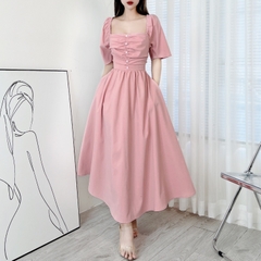 Đầm Midi Nữ Trơn Cổ Vuông Tay Ngắn Phối Nút Cut Out Lưng Chất Tuyết Nhung Đi Tiệc MIMIX - DQ4