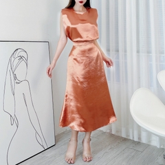 Set Trơn Áo Sát Nách Nữ Cổ Tròn Nhấn Ly Vai Mix Chân Váy Dáng Dài Xòe Đi Tiệc MIMIX - DQ1