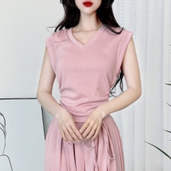 Áo Kiểu Nữ Trơn Cổ V Tay Ngắn Có Rút Dây Eo Chất Thun Vân Mịn QC Đi Du Lịch MIMIX - DS2