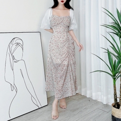 Đầm Midi Hoa Dây Rút Có Xẻ Cổ Vuông Phối Tay Tơ Chất Tơ Hàn Đi Biển Đi Tiệc MIMIX - DR4