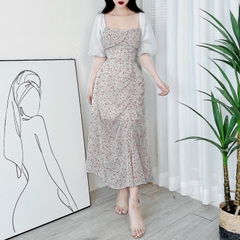Đầm Midi Hoa Dây Rút Có Xẻ Cổ Vuông Phối Tay Tơ Chất Tơ Hàn Đi Biển Đi Tiệc MIMIX - DR4