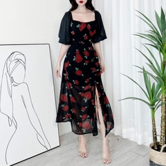 Đầm Midi Hoa Dây Rút Có Xẻ Cổ Vuông Phối Tay Tơ Chất Tơ Hàn Đi Biển Đi Tiệc MIMIX - DR4
