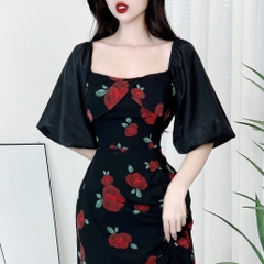 Đầm Midi Hoa Dây Rút Có Xẻ Cổ Vuông Phối Tay Tơ Chất Tơ Hàn Đi Biển Đi Tiệc MIMIX - DR4