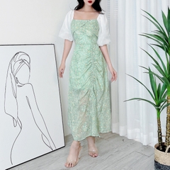 Đầm Midi Hoa Dây Rút Có Xẻ Cổ Vuông Phối Tay Tơ Chất Tơ Hàn Đi Biển Đi Tiệc MIMIX - DR4