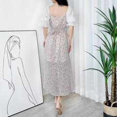 Đầm Midi Hoa Dây Rút Có Xẻ Cổ Vuông Phối Tay Tơ Chất Tơ Hàn Đi Biển Đi Tiệc MIMIX - DR4