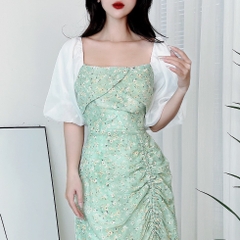 Đầm Midi Hoa Dây Rút Có Xẻ Cổ Vuông Phối Tay Tơ Chất Tơ Hàn Đi Biển Đi Tiệc MIMIX - DR4