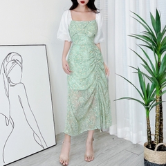 Đầm Midi Hoa Dây Rút Có Xẻ Cổ Vuông Phối Tay Tơ Chất Tơ Hàn Đi Biển Đi Tiệc MIMIX - DR4