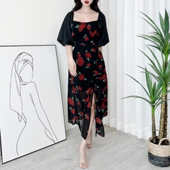 Đầm Midi Hoa Dây Rút Có Xẻ Cổ Vuông Phối Tay Tơ Chất Tơ Hàn Đi Biển Đi Tiệc MIMIX - DR4