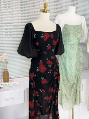 Đầm Midi Hoa Dây Rút Có Xẻ Cổ Vuông Phối Tay Tơ Chất Tơ Hàn Đi Biển Đi Tiệc MIMIX - DR4