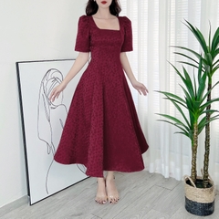 Đầm Midi Nữ Cổ Vuông Tay Ngắn Dáng Dài Xòe Hoa Nổi Chất Gấm In Hoa QC Đi Tiệc MIMIX - DU4