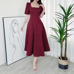 Đầm Midi Nữ Cổ Vuông Tay Ngắn Dáng Dài Xòe Hoa Nổi Chất Gấm In Hoa QC Đi Tiệc MIMIX - DU4