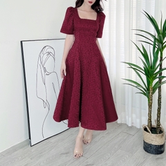 Đầm Midi Nữ Cổ Vuông Tay Ngắn Dáng Dài Xòe Hoa Nổi Chất Gấm In Hoa QC Đi Tiệc MIMIX - DU4