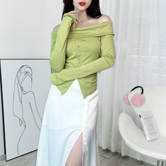 Áo Trễ Vai Tay Dài Đính Nút Trơn Nữ Chất Thun Lụa Vân Nhuyễn Đi Du Lịch Đi Làm MIMIX - DV3