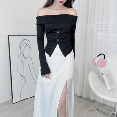 Áo Trễ Vai Tay Dài Đính Nút Trơn Nữ Chất Thun Lụa Vân Nhuyễn Đi Du Lịch Đi Làm MIMIX - DV3