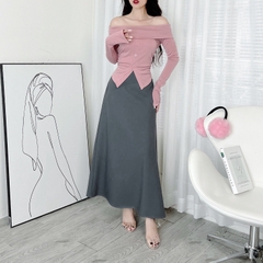 Áo Trễ Vai Tay Dài Đính Nút Trơn Nữ Chất Thun Lụa Vân Nhuyễn Đi Du Lịch Đi Làm MIMIX - DV3