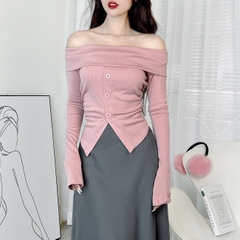 Áo Trễ Vai Tay Dài Đính Nút Trơn Nữ Chất Thun Lụa Vân Nhuyễn Đi Du Lịch Đi Làm MIMIX - DV3