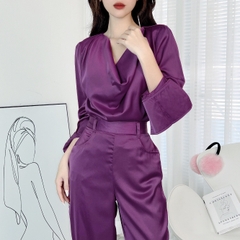Set Bộ Nữ Áo Cổ Đổ Tay Dài Mix Quần Baggy Dáng Dài Chất Lụa Tô Châu Công Sở MIMIX - DV7
