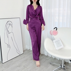 Set Bộ Nữ Áo Cổ Đổ Tay Dài Mix Quần Baggy Dáng Dài Chất Lụa Tô Châu Công Sở MIMIX - DV7