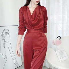 Set Bộ Nữ Áo Cổ Đổ Tay Dài Mix Quần Baggy Dáng Dài Chất Lụa Tô Châu Công Sở MIMIX - DV7