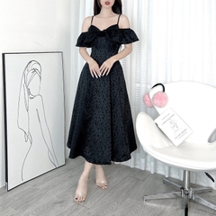 Đầm Midi Gấm 2D Bèo Vai Hoa Ngực Chất Gấm In Hoa QC Đi Tiệc MIMIX - DW0