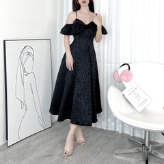Đầm Midi Gấm 2D Bèo Vai Hoa Ngực Chất Gấm In Hoa QC Đi Tiệc MIMIX - DW0