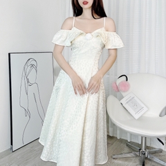 Đầm Midi Gấm 2D Bèo Vai Hoa Ngực Chất Gấm In Hoa QC Đi Tiệc MIMIX - DW0