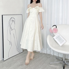 Đầm Midi Gấm 2D Bèo Vai Hoa Ngực Chất Gấm In Hoa QC Đi Tiệc MIMIX - DW0