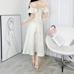 Đầm Midi Gấm 2D Bèo Vai Hoa Ngực Chất Gấm In Hoa QC Đi Tiệc MIMIX - DW0